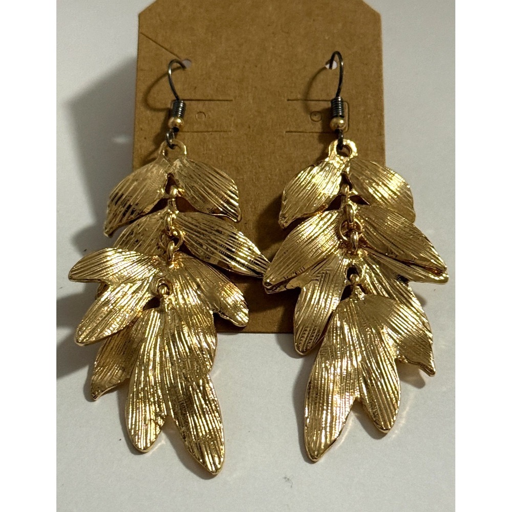 New Handmade Gold Tone Leaves Design Dangle Statement Pierced Earrings Leaf Ears